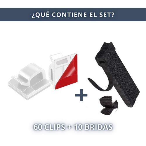 IBRIQO® Clips Blancos Adhesivos Sujeta Cables Organizador con Bridas Velcro 2
