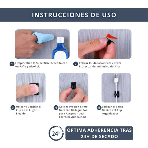 IBRIQO® Clips Blancos Adhesivos Sujeta Cables Organizador con Bridas Velcro 4