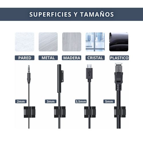 IBRIQO® Clips Blancos Adhesivos Sujeta Cables Organizador con Bridas Velcro 5