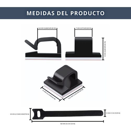 IBRIQO® Clips Blancos Adhesivos Sujeta Cables Organizador con Bridas Velcro 6
