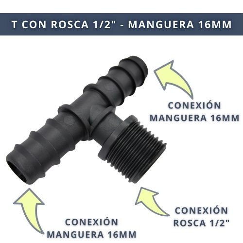 IBRI0030005 CONECTOR T DOBLE EMPALME CON ROSCA 1,2 - MANGUERA 16MM 3