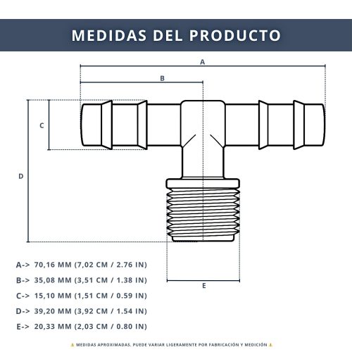 IBRI0030005 CONECTOR T DOBLE EMPALME CON ROSCA 1,2 - MANGUERA 16MM 6