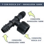 IBRIQO® Conector en T con Rosca 3/4" a Manguera 16 mm – Derivación para Riego por Goteo - Imagen 2